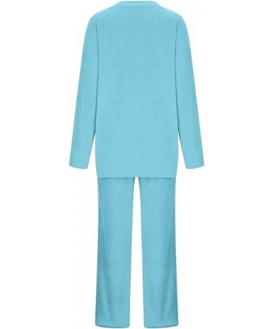 Womens Pajamas Set V Neck Sexy Comfy Plus Size Sleepwear Long Sleeve Wide Leg Loose Soft Fuzzy Warm Lounge Sets B-light Blue ...