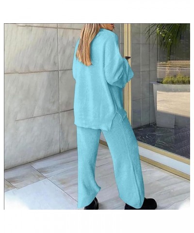 Womens Pajamas Set V Neck Sexy Comfy Plus Size Sleepwear Long Sleeve Wide Leg Loose Soft Fuzzy Warm Lounge Sets B-light Blue ...