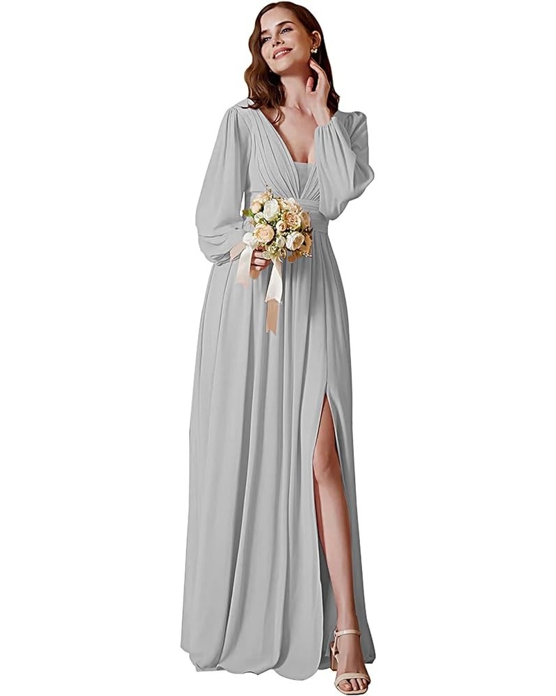 Long Sleeve Bridesmaid Dress Chiffon V-Neck Pleated Formal Evening Gowns with Slit Silver $29.40 Dresses