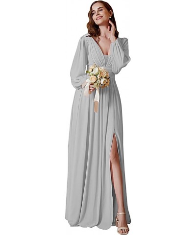 Long Sleeve Bridesmaid Dress Chiffon V-Neck Pleated Formal Evening Gowns with Slit Silver $29.40 Dresses