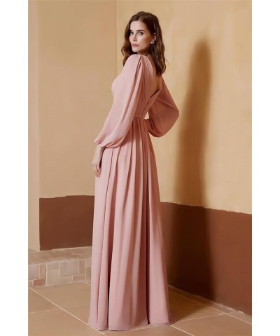 Long Sleeve Bridesmaid Dress Chiffon V-Neck Pleated Formal Evening Gowns with Slit Silver $29.40 Dresses