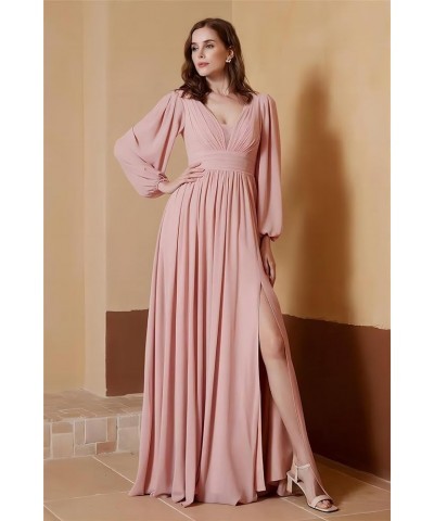 Long Sleeve Bridesmaid Dress Chiffon V-Neck Pleated Formal Evening Gowns with Slit Silver $29.40 Dresses