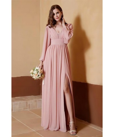 Long Sleeve Bridesmaid Dress Chiffon V-Neck Pleated Formal Evening Gowns with Slit Silver $29.40 Dresses