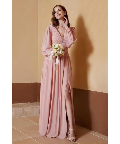 Long Sleeve Bridesmaid Dress Chiffon V-Neck Pleated Formal Evening Gowns with Slit Silver $29.40 Dresses