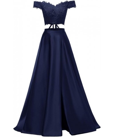 Off Shoulder Prom Dresses 2024 Long Two Piece Lace Satin Slit Formal Evening Dresses for Women Navy Blue $45.12 Dresses