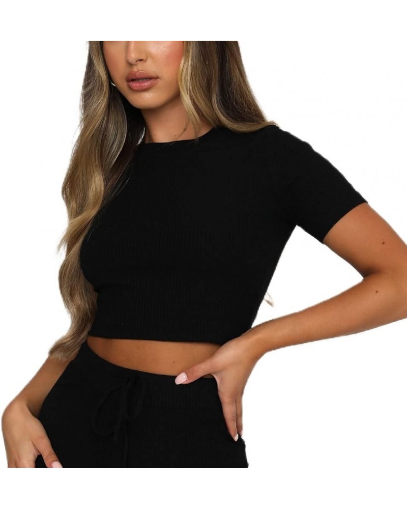 Sexy Short Sleeve Top for Women Solid Slim Fitted Shirt Tee Basic Crew Neck Crop Top Blouse C-black $10.99 T-Shirts