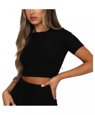 Sexy Short Sleeve Top for Women Solid Slim Fitted Shirt Tee Basic Crew Neck Crop Top Blouse C-black $10.99 T-Shirts