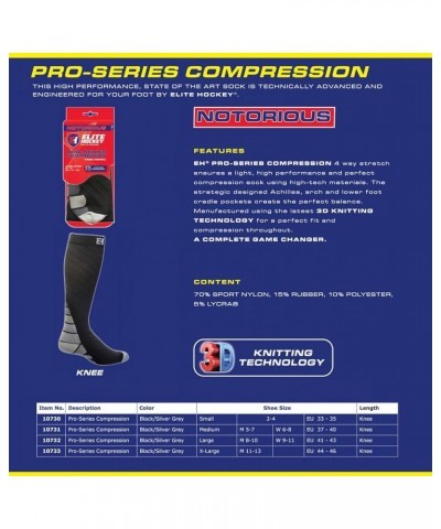 Elite Hockey, Notorious Pro-Series Compression Knee Sock (One Pair) Black/Silver Grey $11.59 Activewear