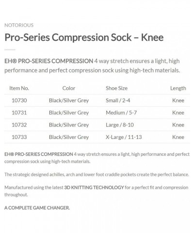 Elite Hockey, Notorious Pro-Series Compression Knee Sock (One Pair) Black/Silver Grey $11.59 Activewear