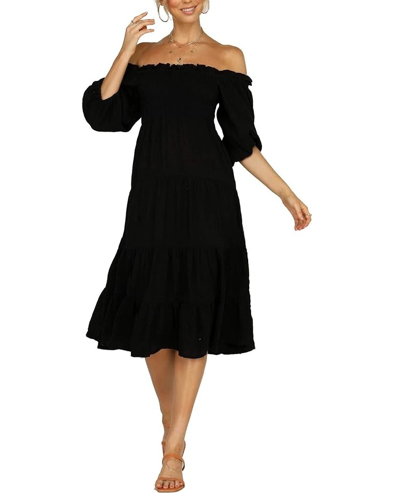 Women's Summer Linen Lantern Sleeves Ruffled Off Shoulder A-Line Midi Dresses Black $18.00 Dresses