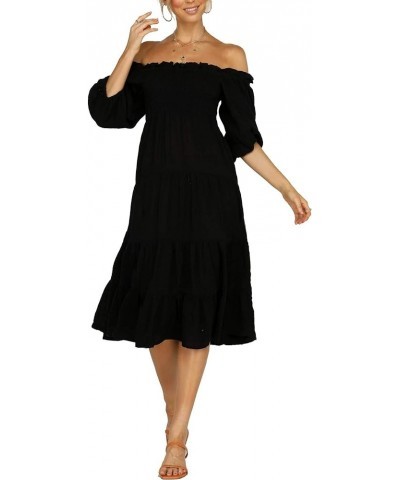 Women's Summer Linen Lantern Sleeves Ruffled Off Shoulder A-Line Midi Dresses Black $18.00 Dresses