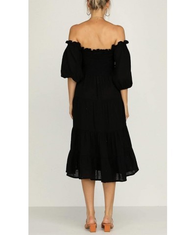 Women's Summer Linen Lantern Sleeves Ruffled Off Shoulder A-Line Midi Dresses Black $18.00 Dresses