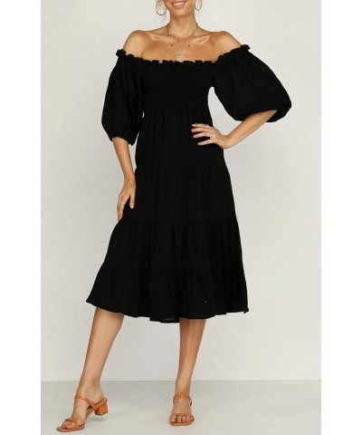 Women's Summer Linen Lantern Sleeves Ruffled Off Shoulder A-Line Midi Dresses Black $18.00 Dresses