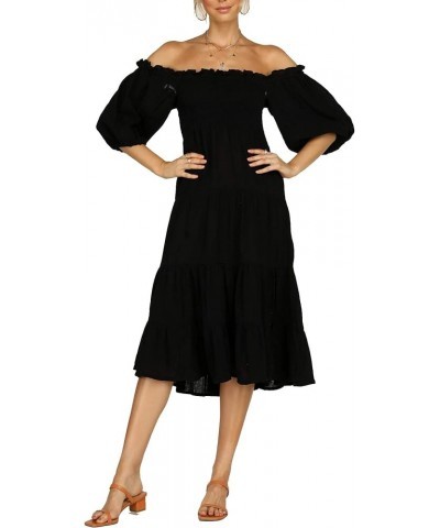 Women's Summer Linen Lantern Sleeves Ruffled Off Shoulder A-Line Midi Dresses Black $18.00 Dresses