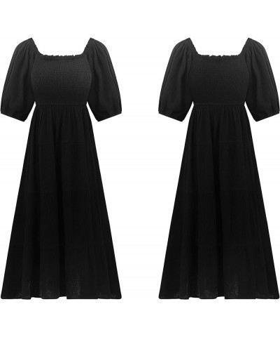 Women's Summer Linen Lantern Sleeves Ruffled Off Shoulder A-Line Midi Dresses Black $18.00 Dresses