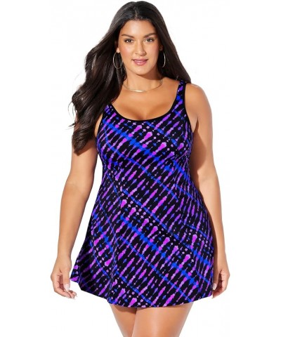 Women's Plus Size Chlorine Resistant Tank Swimdress Electric Purple Waves $30.80 Swimsuits