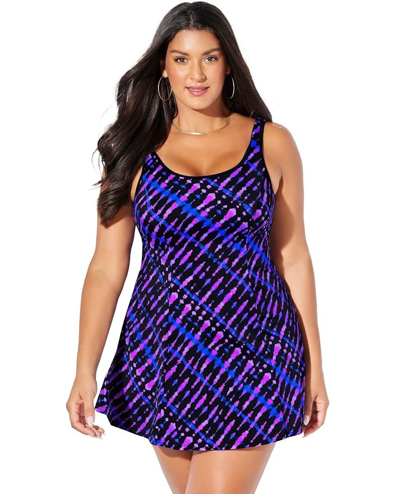 Women's Plus Size Chlorine Resistant Tank Swimdress Electric Purple Waves $30.80 Swimsuits