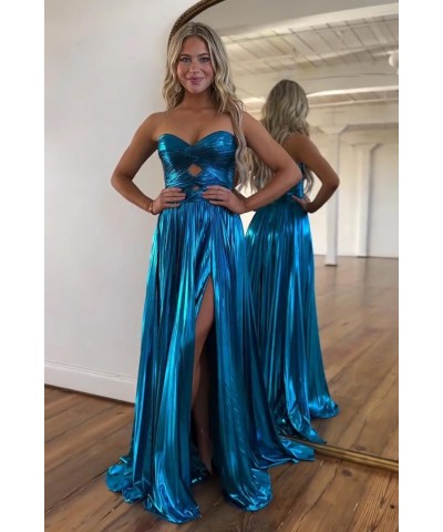 Sparkly Metallic Prom Dresses with Slit A Line Keyhole Satin Long Prom Ball Gowns for Women Champagne $26.00 Dresses