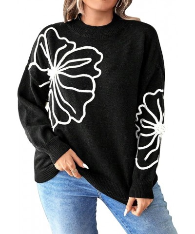 Women's Floral Pattern Crew Neck Long Sleeve Loose Casual Sweater Pullover Top Plus Black $16.40 Sweaters