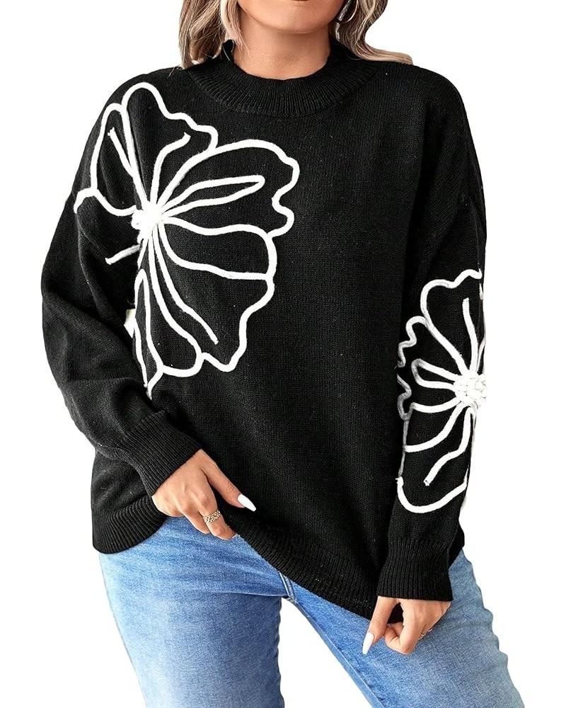 Women's Floral Pattern Crew Neck Long Sleeve Loose Casual Sweater Pullover Top Plus Black $16.40 Sweaters