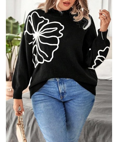 Women's Floral Pattern Crew Neck Long Sleeve Loose Casual Sweater Pullover Top Plus Black $16.40 Sweaters