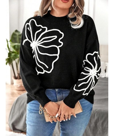 Women's Floral Pattern Crew Neck Long Sleeve Loose Casual Sweater Pullover Top Plus Black $16.40 Sweaters