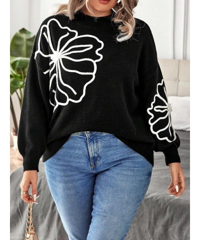 Women's Floral Pattern Crew Neck Long Sleeve Loose Casual Sweater Pullover Top Plus Black $16.40 Sweaters