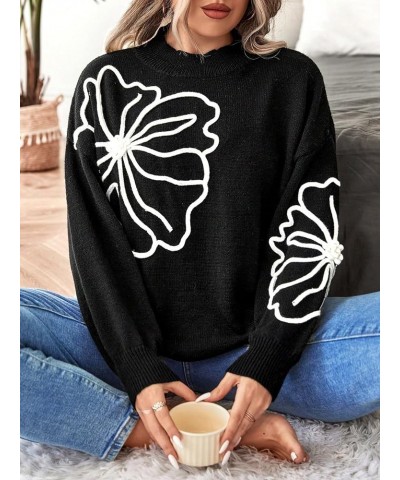 Women's Floral Pattern Crew Neck Long Sleeve Loose Casual Sweater Pullover Top Plus Black $16.40 Sweaters