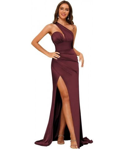 Women's One Shoulder Prom Dress 2024 Satin Long Ruched Mermaid Formal Dresses with Slit YZTS122 Burgundy $29.90 Dresses