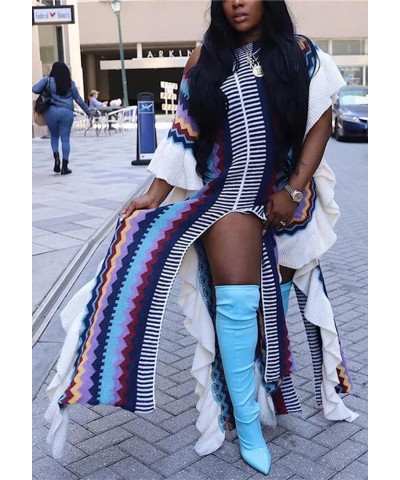 Womens Fall Knit Maxi Dresses Ruffle Slit Fall Summer Short Sleeve Striped Sweater Dress Blue $18.00 Dresses