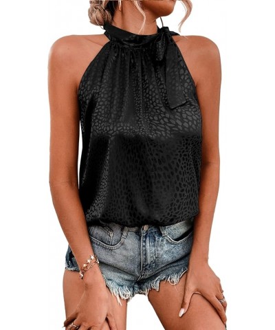 Women's Casual Satin Leopard Print Tie Knot Sleeveless Halter Blouse Shirt Top Black $11.20 Blouses