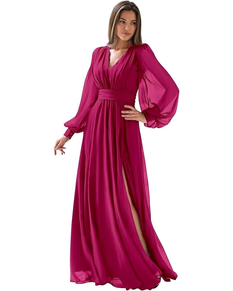 Women's Long Sleeve Bridesmaid Dresses for Wedding Chiffon Formal Dress Evening Gown with Slit Fuchsia $29.40 Dresses