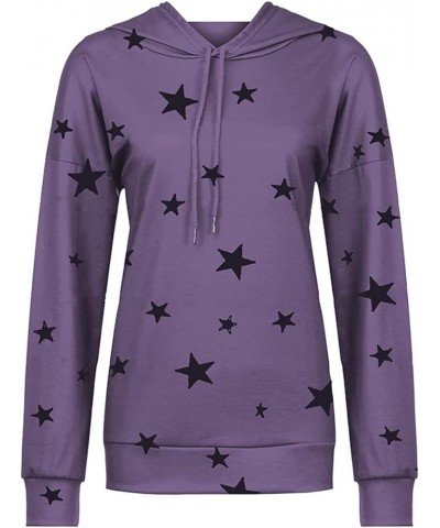 Women's Casual Pullover Sweatshirt Long Sleeve Slim Fit Drawstring Hoodie Cut Star Printing Lightweight Hooded Tops Purple-a ...