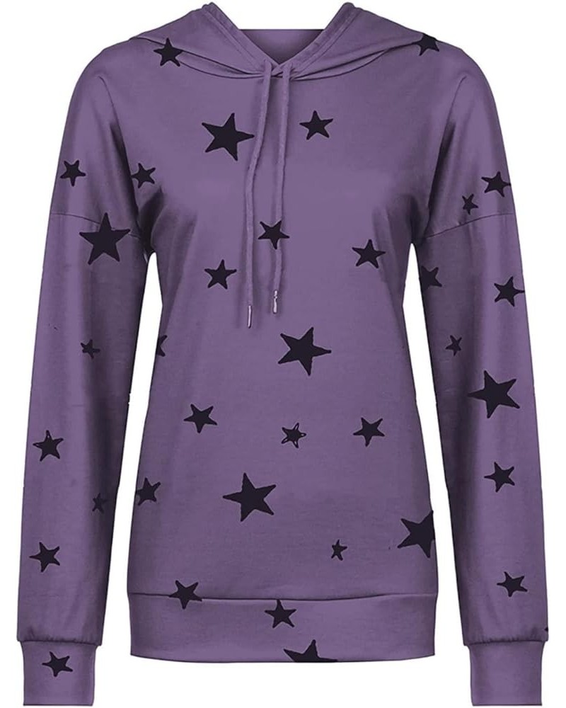 Women's Casual Pullover Sweatshirt Long Sleeve Slim Fit Drawstring Hoodie Cut Star Printing Lightweight Hooded Tops Purple-a ...