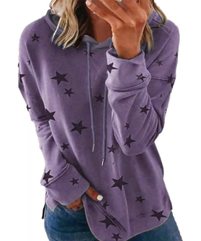 Women's Casual Pullover Sweatshirt Long Sleeve Slim Fit Drawstring Hoodie Cut Star Printing Lightweight Hooded Tops Purple-a ...