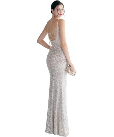 Women's Beadings Back Sequins Prom Dresses with Slit Long Formal Dresses Spaghetti Evening Gowns Silver4 $33.75 Dresses