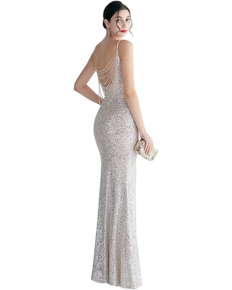 Women's Beadings Back Sequins Prom Dresses with Slit Long Formal Dresses Spaghetti Evening Gowns Silver4 $33.75 Dresses