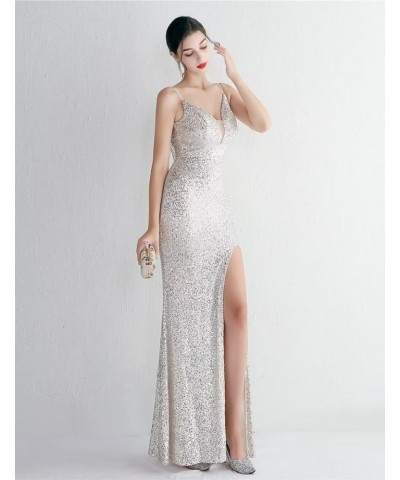 Women's Beadings Back Sequins Prom Dresses with Slit Long Formal Dresses Spaghetti Evening Gowns Silver4 $33.75 Dresses