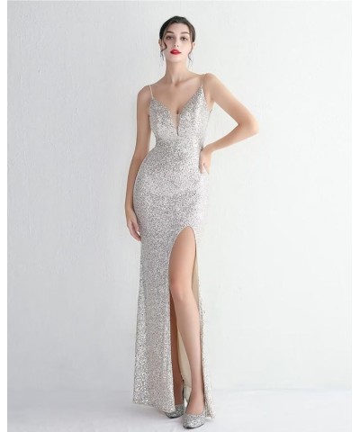 Women's Beadings Back Sequins Prom Dresses with Slit Long Formal Dresses Spaghetti Evening Gowns Silver4 $33.75 Dresses