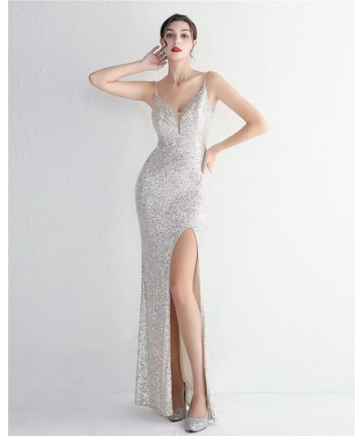 Women's Beadings Back Sequins Prom Dresses with Slit Long Formal Dresses Spaghetti Evening Gowns Silver4 $33.75 Dresses