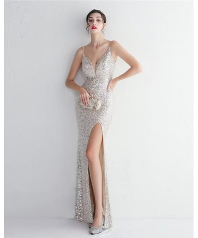 Women's Beadings Back Sequins Prom Dresses with Slit Long Formal Dresses Spaghetti Evening Gowns Silver4 $33.75 Dresses