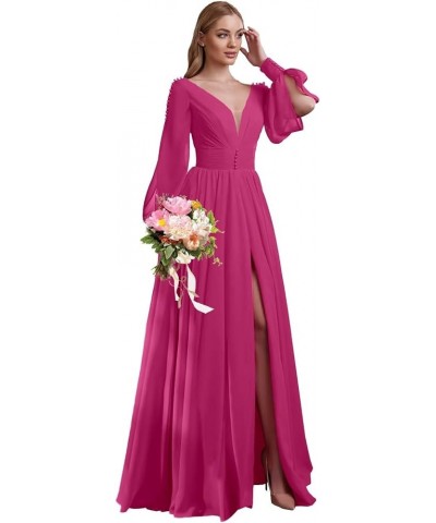 V Neck Bridesmaid Dresses Chiffon Long Sleeve Wedding Guest Dresses for Women Formal Evening Party Gowns with Slit Fuchsia $3...