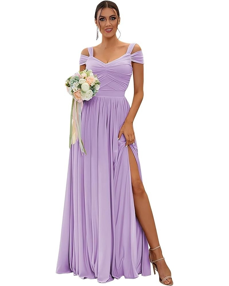 Off The Shoulder Bridesmaid Dresses Long for Wedding Chiffon Maid of Honor Dress V Neck Evening Gowns with Slit Lilac $33.79 ...