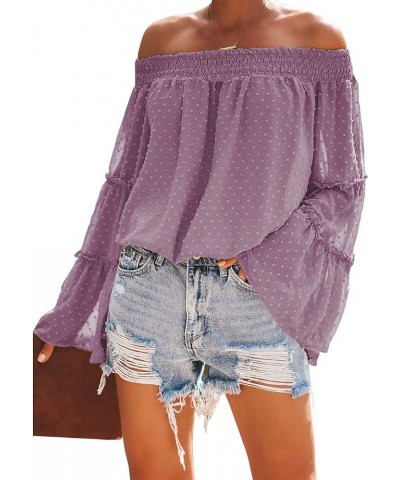 Women's 2024 Spring Summer Off The Shoulder Tops Cute Swiss Dot 3/4 Bell Sleeves Casual Ruffle Chiffon Blouse Purple $11.14 B...