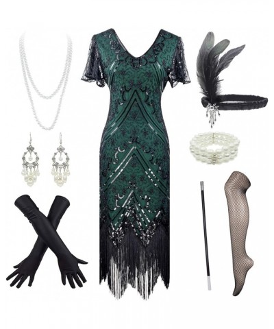 1920s Gatsby Vintage Sequin Flapper Fringe Party Dress with 20s Accessories Set Black&green $24.71 Dresses