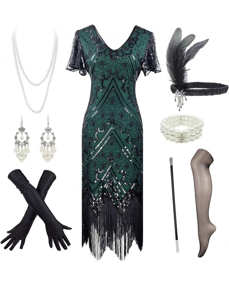 1920s Gatsby Vintage Sequin Flapper Fringe Party Dress with 20s Accessories Set Black&green $24.71 Dresses