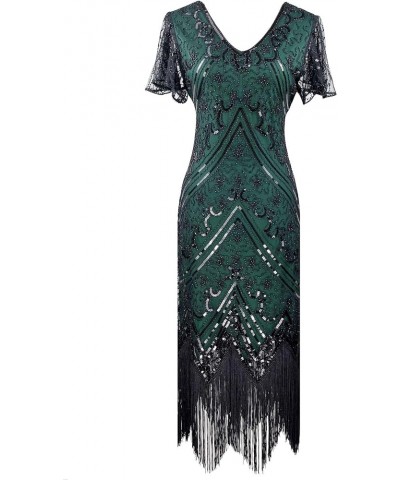 1920s Gatsby Vintage Sequin Flapper Fringe Party Dress with 20s Accessories Set Black&green $24.71 Dresses