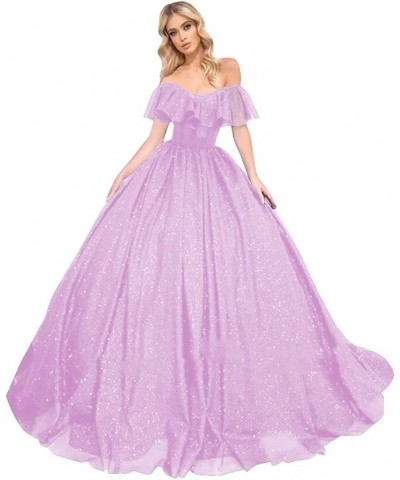 Off Shoulder Glitter Prom Dresses Long Ball Gowns for Women Ruffle Princess Formal Evening Gown Lilac $51.29 Dresses