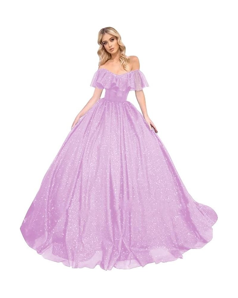 Off Shoulder Glitter Prom Dresses Long Ball Gowns for Women Ruffle Princess Formal Evening Gown Lilac $51.29 Dresses