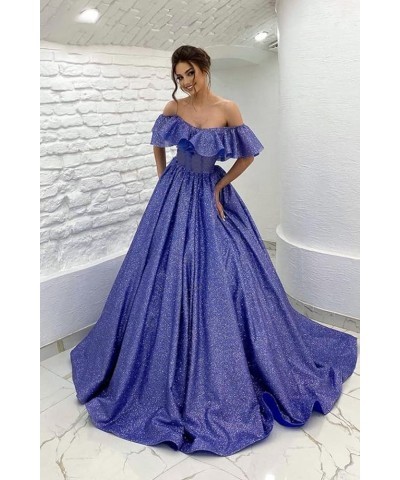 Off Shoulder Glitter Prom Dresses Long Ball Gowns for Women Ruffle Princess Formal Evening Gown Lilac $51.29 Dresses